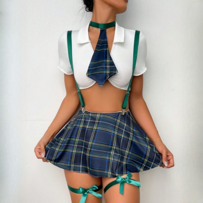 Womens Plaid Schoolgirl Costume Set with Plaid Skirt And Tie